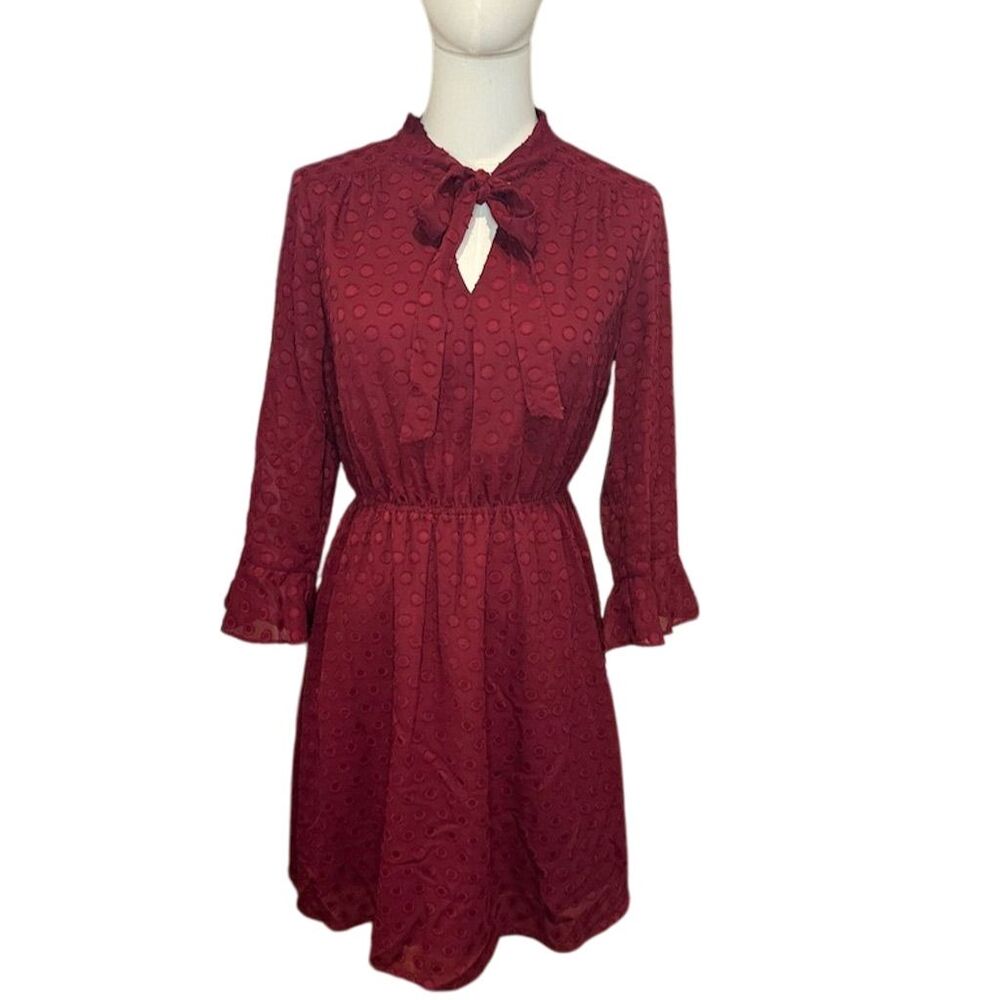 Skies Are Blue Women's M Burgundy Swiss Dot Tie Neck Dress